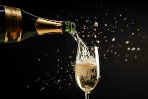 schließen oben von ein knallen Champagner mit golden Luftblasen Flasche gießen im Champagner Glas. generativ ai foto