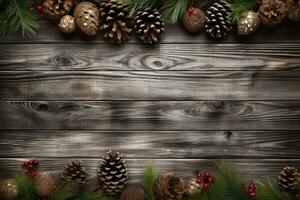 ein hölzern Hintergrund geschmückt mit rustikal-thematisiert Weihnachten Ornamente mögen Kiefernzapfen und Sackleinen Dekorationen. Ideal zum ein gemütlich, rustikal Banner. generativ ai foto