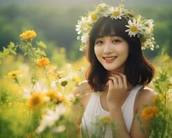 schön asiatisch Mädchen im Blume Garten ai generativ foto