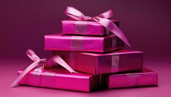 Rosa Geschenk Kisten mit Bänder auf ein Rosa Hintergrund. ai generiert foto