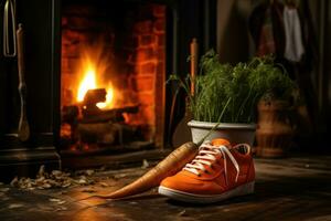 ein Baby Schuh mit ein Karotte zum Sinterklaas steht in der Nähe von das Kamin. KI-generiert foto