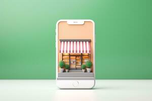 3d Smartphone mit Supermarkt Online einkaufen Einkaufen Konzept.erstellt mit generativ ai Technologie. foto