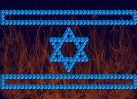 israelisch Flagge auf ein Hintergrund von Feuer. das Symbole von Israel sind basierend auf das Penrose Dreieck. monolithisch Basis von israelisch Symbole basierend auf ungewöhnlich zahlen mit Verstöße von das Gesetze von Geometrie. foto