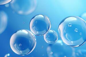 schließen oben von Wasser mit Luftblasen auf ein Blau Hintergrund zum kosmetisch Hintergrund.erstellt mit generativ ai Technologie. foto