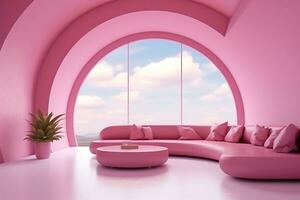 Futurismus Rosa Leben Zimmer mit Kopieren mit Sofa und Pflanzen Raum im das Zukunft.erstellt mit generativ ai Technologie. foto