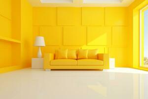 Futurismus Gelb Leben Zimmer mit Kopieren mit Sofa und Pflanzen Raum im das Zukunft.erstellt mit generativ ai Technologie. foto