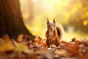 süß Eichhörnchen im das Herbst Wald mit Herbst Blätter. foto