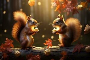 süß Eichhörnchen im das Herbst Wald mit Herbst Blätter. foto