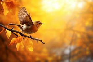 süß Vogel im das Herbst Wald mit Herbst Blätter.erstellt mit generativ ai Technologie. foto