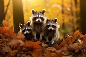 süß Waschbär im das Herbst Wald mit Herbst Blätter.erstellt mit generativ ai Technologie. foto