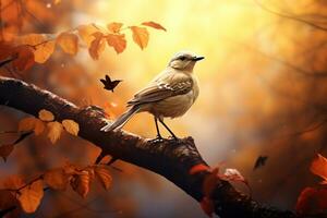 süß Vogel im das Herbst Wald mit Herbst Blätter.erstellt mit generativ ai Technologie. foto