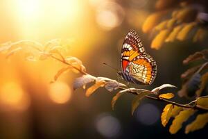 Makro Fotografie, Schmetterlinge im das Blumen mit Morgen Licht mit Kopieren Raum.erstellt mit generativ ai Technologie. foto