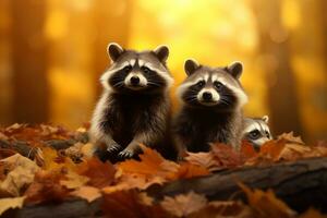 süß Waschbär im das Herbst Wald mit Herbst Blätter.erstellt mit generativ ai Technologie. foto