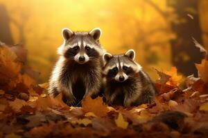 süß Waschbär im das Herbst Wald mit Herbst Blätter.erstellt mit generativ ai Technologie. foto