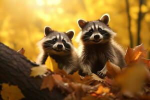 süß Waschbär im das Herbst Wald mit Herbst Blätter.erstellt mit generativ ai Technologie. foto