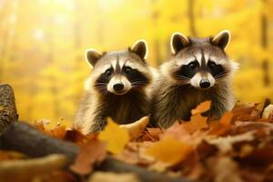 süß Waschbär im das Herbst Wald mit Herbst Blätter.erstellt mit generativ ai Technologie. foto