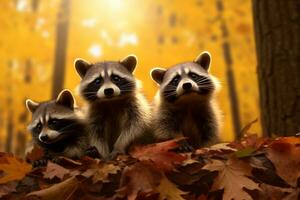 süß Waschbär im das Herbst Wald mit Herbst Blätter.erstellt mit generativ ai Technologie. foto