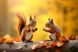 süß Eichhörnchen im das Herbst Wald mit Herbst Blätter.erstellt mit generativ ai Technologie. foto