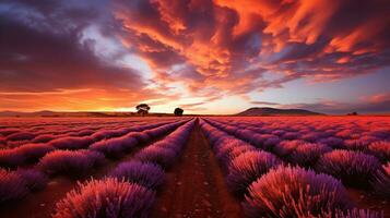 Sonnenuntergang Über endlos Lavendel Felder. erstellt mit generativ ai foto