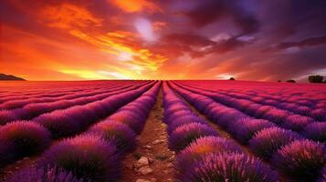 Sonnenuntergang Über endlos Lavendel Felder. erstellt mit generativ ai foto