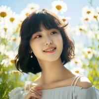 schön asiatisch Mädchen im Blume Garten ai generativ foto