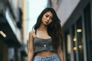 schön asiatisch Mädchen auf trandy beiläufig Outfit ai generativ foto