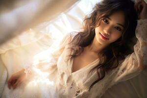 asiatisch Mädchen ausströmend ihr natürlich Schönheit im das früh Morgen ai generativ foto