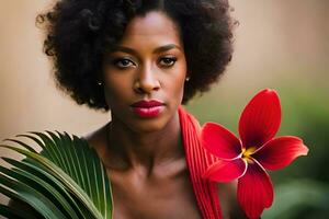 ein schön Frau mit rot Haar und ein Blume. KI-generiert foto