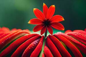 ein rot Blume ist Sitzung auf oben von ein Grün Pflanze. KI-generiert foto