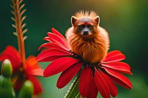 ein klein Affe Sitzung auf oben von ein Blume. KI-generiert foto