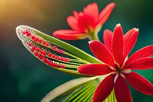 rot Blumen auf ein Grün Hintergrund mit Sonnenlicht. KI-generiert foto