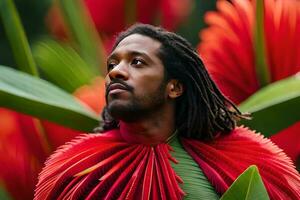 ein Mann mit Dreadlocks und ein rot Kleid. KI-generiert foto