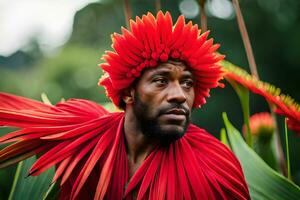 ein Mann im ein rot Kleid mit Blumen auf seine Kopf. KI-generiert foto