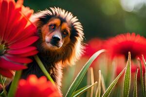 ein Hund ist Stehen im Vorderseite von etwas rot Blumen. KI-generiert foto