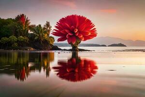 ein rot Blume ist reflektiert im das Wasser beim Sonnenuntergang. KI-generiert foto