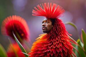 ein Mann mit ein rot Blume Kopfschmuck Stehen im ein Feld. KI-generiert foto