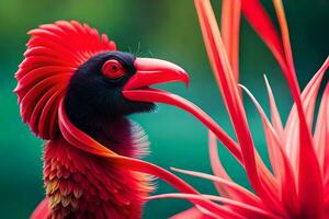 ein rot Vogel mit ein lange Schnabel und rot Gefieder. KI-generiert foto