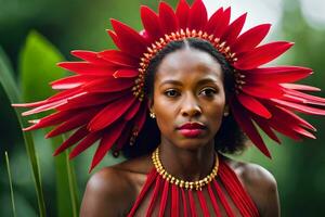 schön afrikanisch Frau tragen rot Blume Kopfschmuck. KI-generiert foto