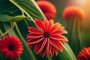 rot Blumen auf ein Grün Pflanze mit ein Sonne im das Hintergrund. KI-generiert foto