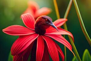 ein rot Blume mit ein Vogel Sitzung auf Es. KI-generiert foto
