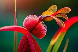 ein rot Blume mit ein lange Stengel und ein hell Grün Blatt. KI-generiert foto