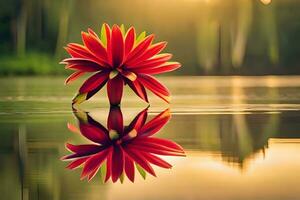 ein rot Blume ist reflektiert im das Wasser. KI-generiert foto