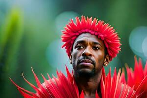 ein Mann mit rot Blumen auf seine Kopf. KI-generiert foto