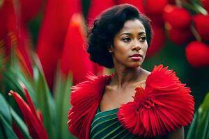 ein Frau im ein rot Kleid Stehen im Vorderseite von rot Blumen. KI-generiert foto