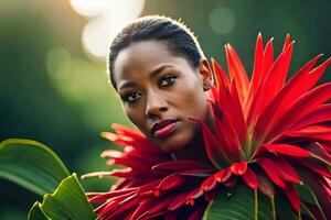 ein schön Frau mit rot Blumen im ihr Haar. KI-generiert foto