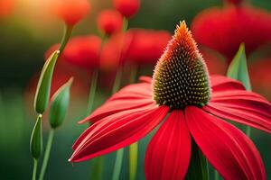 rot Sonnenhut Blume mit Sonne im Hintergrund. KI-generiert foto