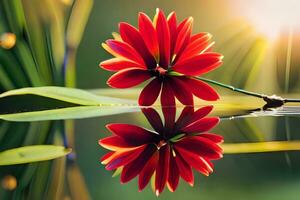 ein rot Blume ist reflektiert im Wasser. KI-generiert foto