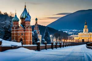 das Kreml im Winter mit Schnee auf das Boden. KI-generiert foto