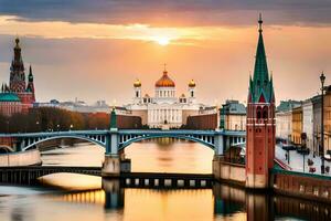 das Kreml und das Moskau Fluss beim Sonnenuntergang. KI-generiert foto