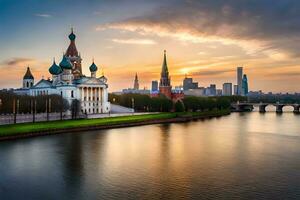 das Kreml und das Moskau Fluss beim Sonnenuntergang. KI-generiert foto